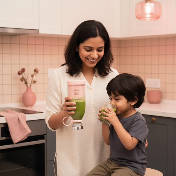 Kavya Nair, a South Asian mother, smiles in her kitchen as her child drinks a green smoothie from a FreshBlend Portable Juice