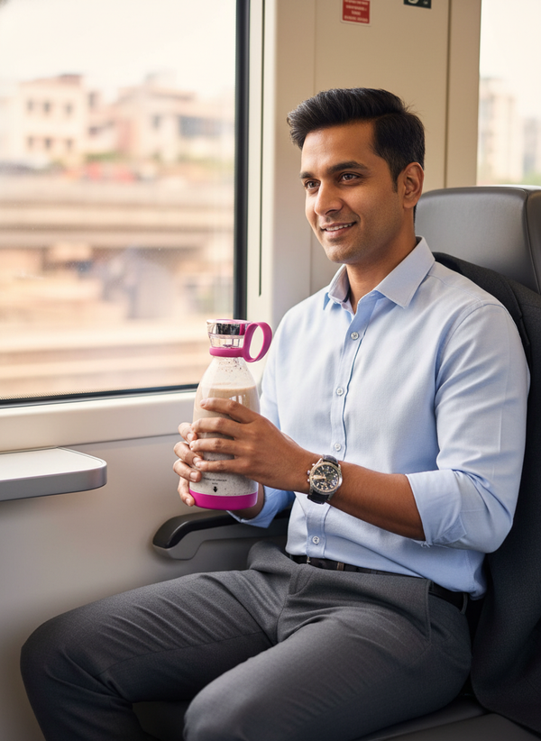 A South Asian dad on a Mumbai train making a protein shake with the FreshBlend Portable Electric Juicer & Blender Bottle duri