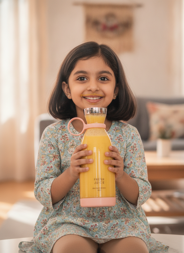 A happy Indian child in Delhi drinks a fresh mango smoothie directly from a white FreshBlend Portable Electric Juicer & Blend